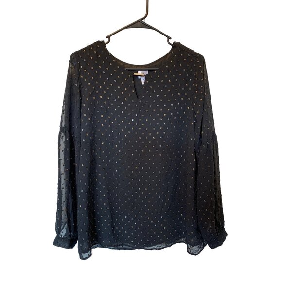 🍒 2/$20 🍒 Black Business Casual Women’s Blouse with Gold & Silver Dots sz M - Picture 1 of 10